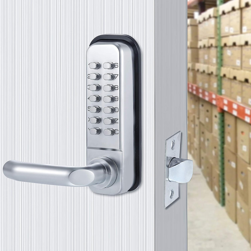 MX400 14 Digit Keypad Mechanical Door Lock Lever Set - 60mm Latch for Residential Gates or Doors - Fits Standard 2 1/8' USA Door Holes - Not a Deadbolt Satin Chrome