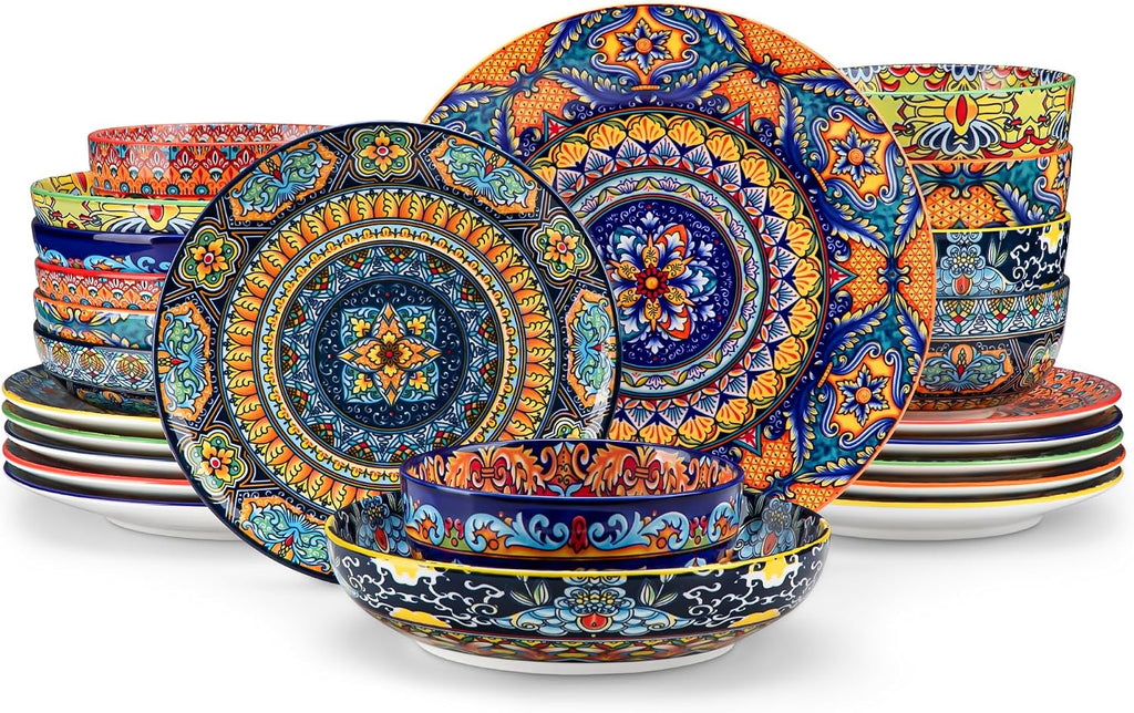 vancasso 24-Piece Dinnerware Sets,Plates & Bowls Sets Service for 6, Bohemian Porcelain Dishes Set for 6, Kitchen Dinner Set,Microwave & Dishwasher Safe, Scratch Resistant,Series KRVI