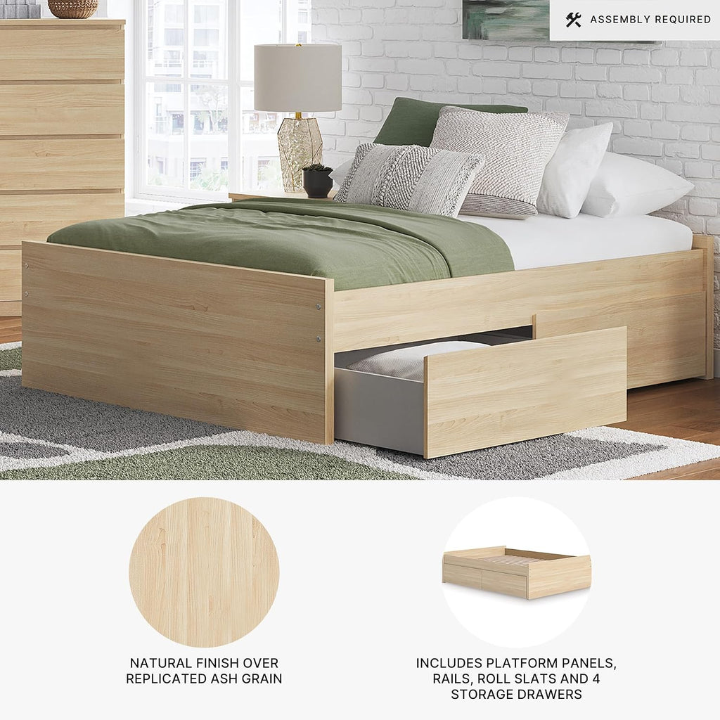 Signature Design by Ashley Onita Scandinavian 4-Drawer Full Platform Bed with 2 Side Storage, Foundation or Box Spring Not Needed, Light Brown