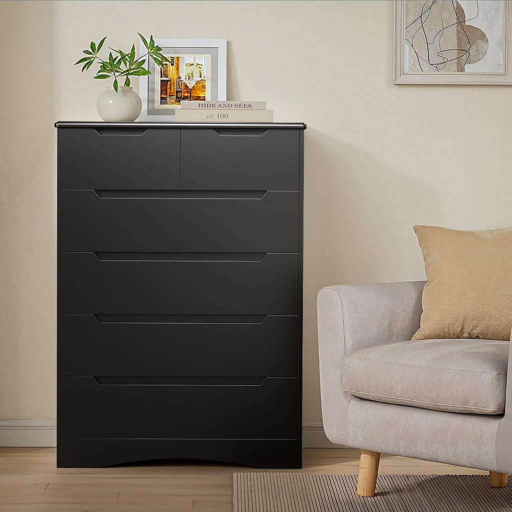 Gizoon 6 Drawer Dresser, Chest of Drawers with Large Storage, Black Dressers for Bedroom, Tall Dresser and Organizer with Anti-Tripping, Wooden Cabinet for Office, Living Room, Entryway