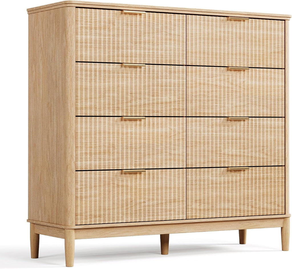 LINSY Fluted 8 Drawer Dresser for Bedroom, 47' Wide Mid-Century Modern Tall Chest of Drawers, Curved Corner Design, Storage Dressers with Deep Drawers, Large Accent Wood Cabinet for Bedroom, Oak