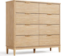 LINSY Fluted 8 Drawer Dresser for Bedroom, 47' Wide Mid-Century Modern Tall Chest of Drawers, Curved Corner Design, Storage Dressers with Deep Drawers, Large Accent Wood Cabinet for Bedroom, Oak