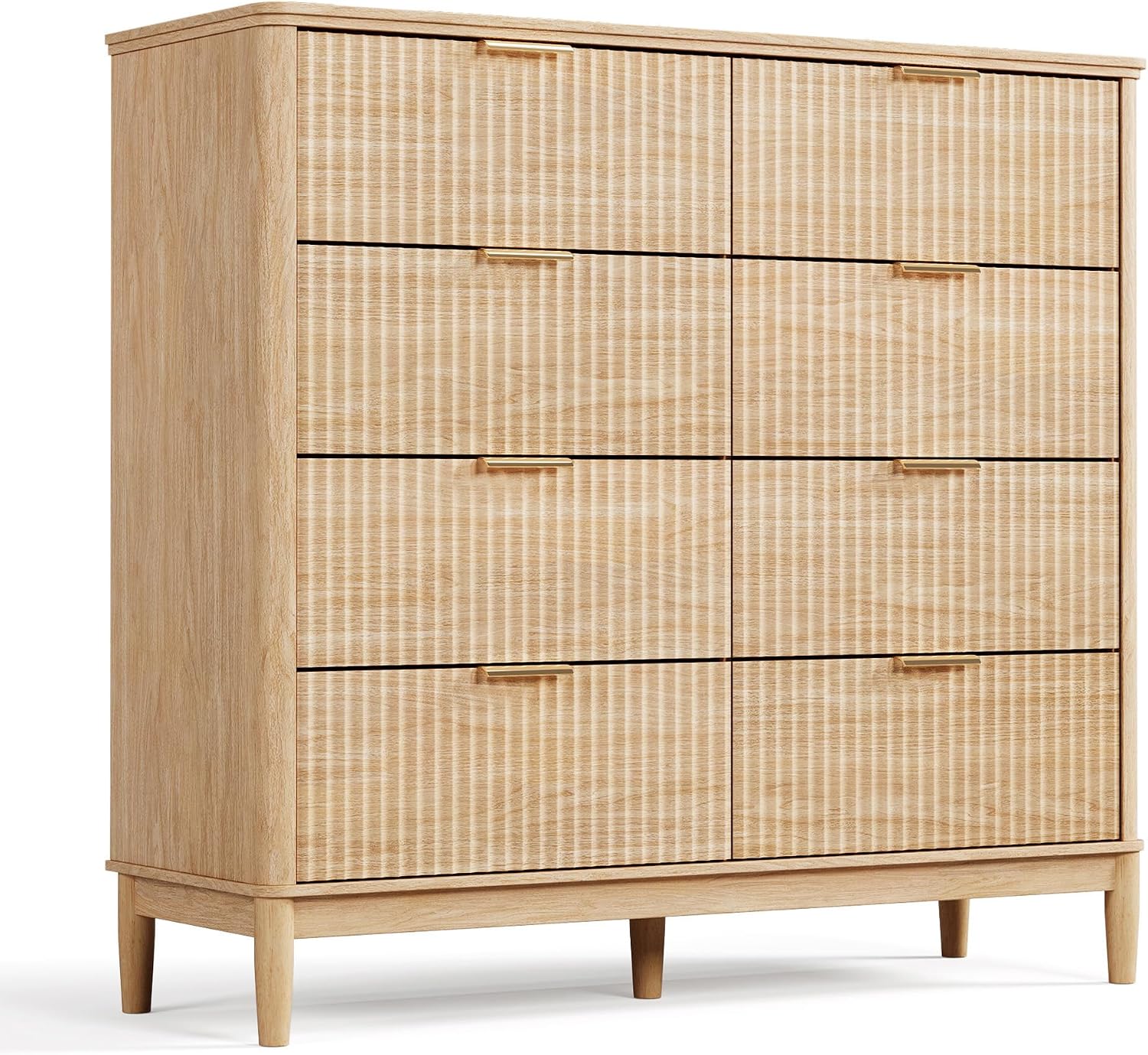 LINSY Fluted 8 Drawer Dresser for Bedroom, 47' Wide Mid-Century Modern Tall Chest of Drawers, Curved Corner Design, Storage Dressers with Deep Drawers, Large Accent Wood Cabinet for Bedroom, Oak