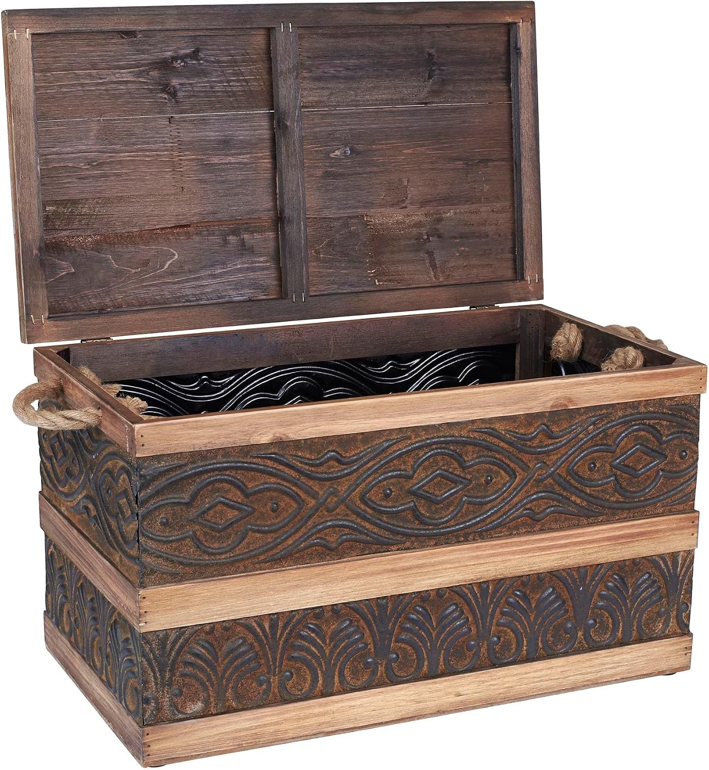 Household Essentials Decorative Trunk, Embossed Metal, Small, Chinese Fir Wood, Darkened Interior, Rope Handles, Flat and Fully Opening Lid, Handmade, Walnut and Almond Stain