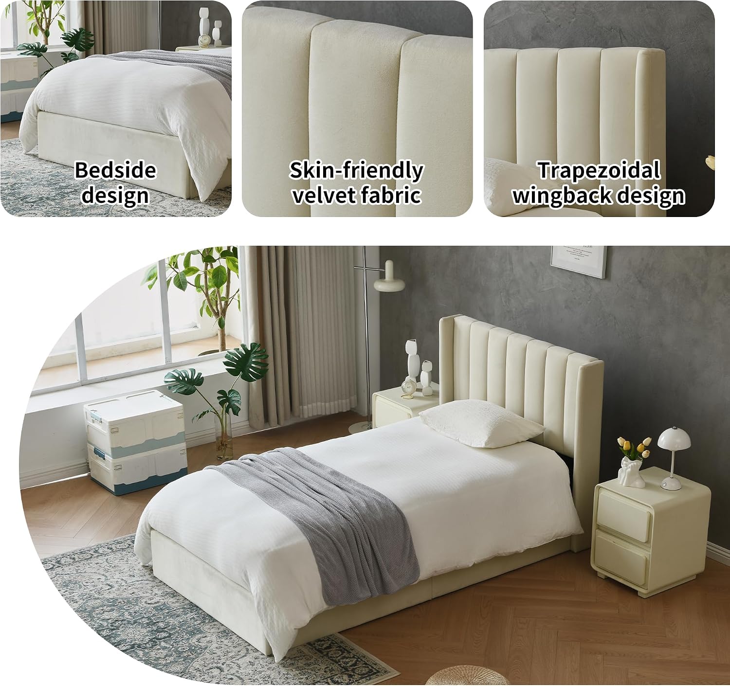 YUHUASHI Queen Size Hydraulic Storage Bed, Upholstered Platform Bed Frame, Modern Wingback Design Headboard, Velvet Fabric with Hydraulic Support Bars, No Box Spring Required (Cream, Twin)