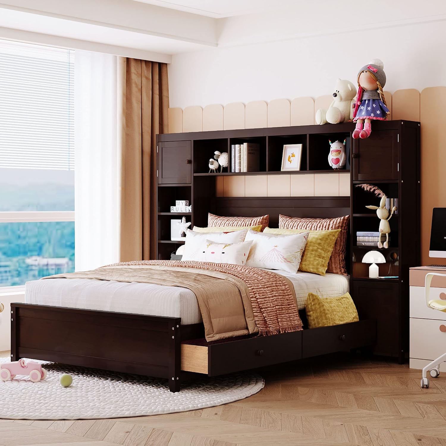 Harper & Bright Designs Full Platform Bed with All-in-One Cabinet and Shelf Modern Wooden Full Beds with 4 Storage Drawers, Full Size Bed Frame for Bed Room, No Box Spring Needed (Espresso)