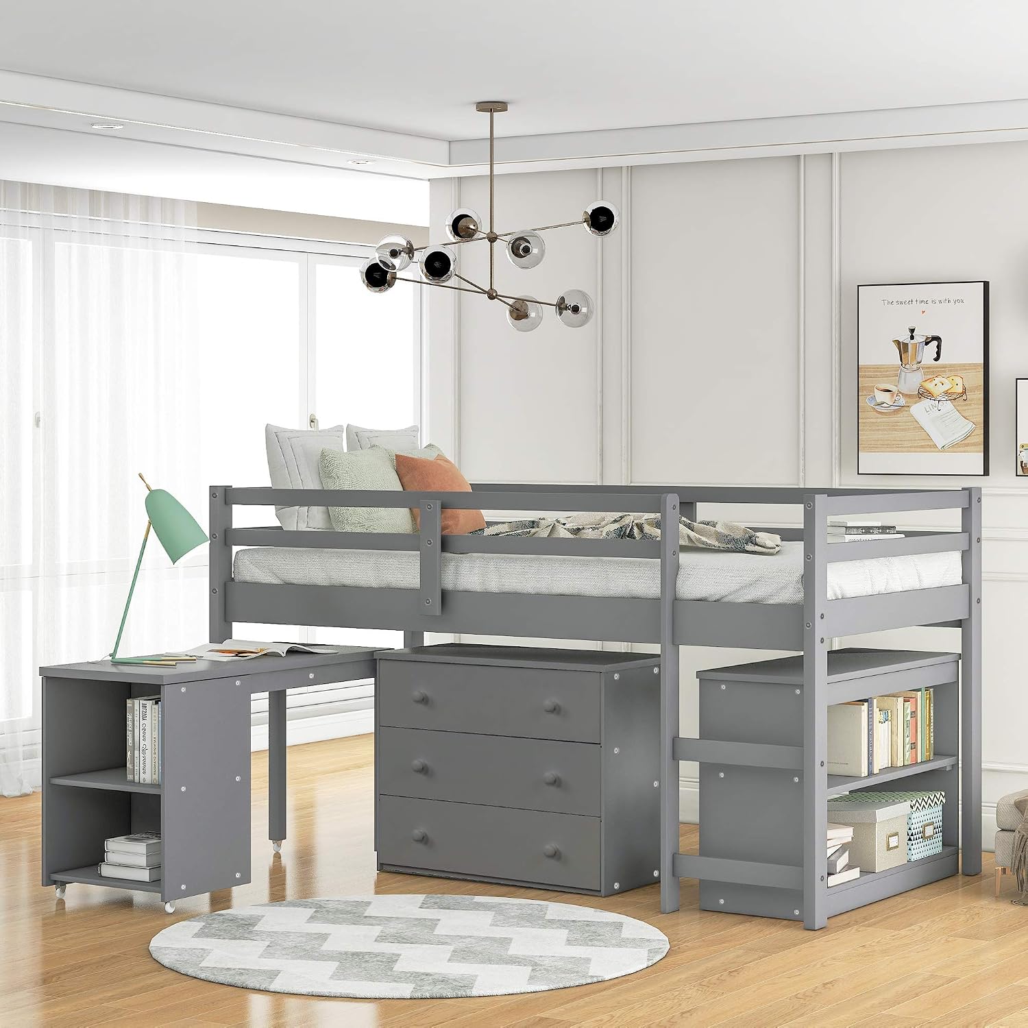 JIVOIT Twin Size Low Loft Bed with Rolling Portable Desk, Wooden Loft Bed with Cabinet/Bookshelf/Drawers/Open Shelves for Kids Teens Adults, No Box Spring Required (Gray-Twin-Rolling Portable Desk)