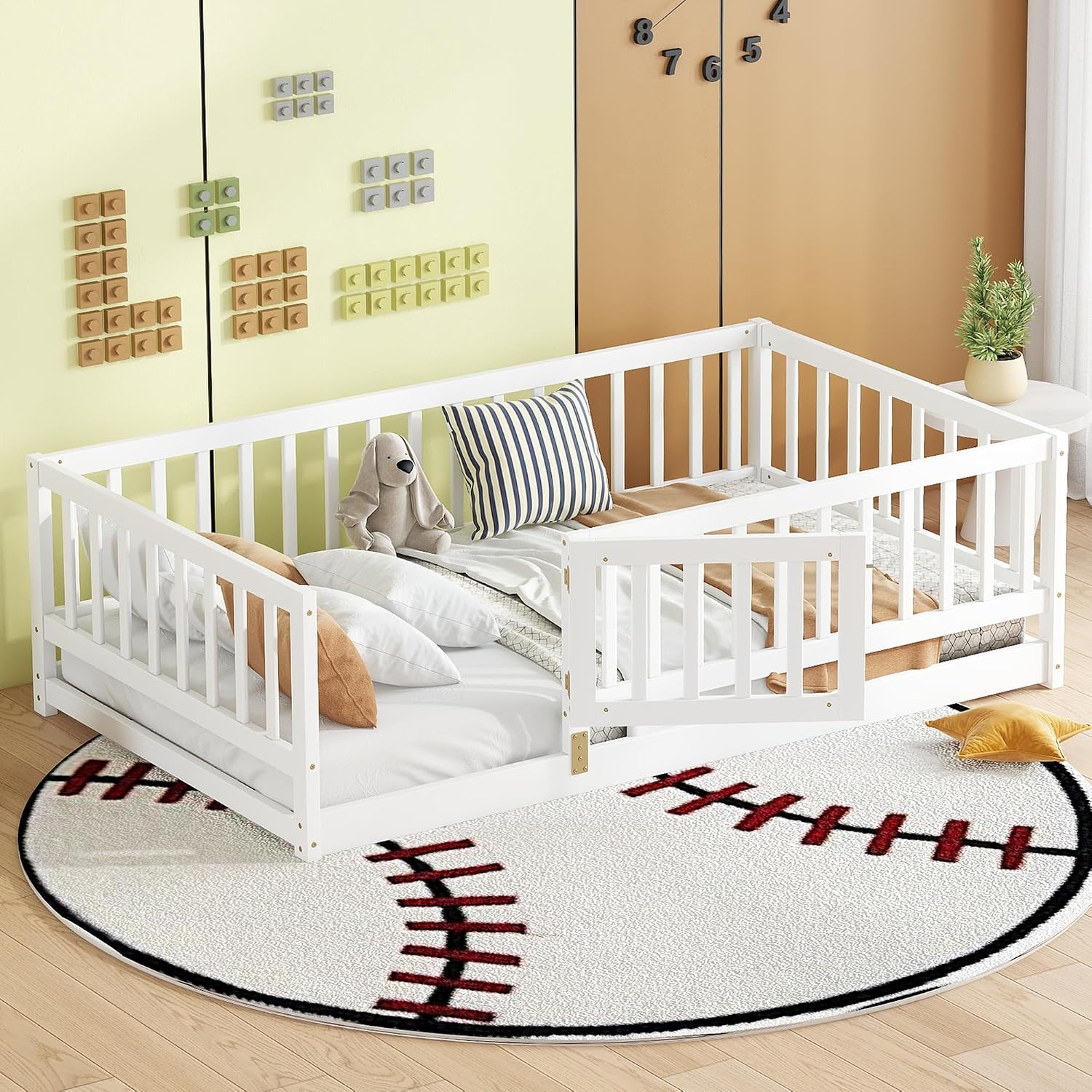 KEIKI Twin Size Wooden Floor Bed, Montessori Platform Bed Frame with Door & Safety Rails, Space Saving Kids Beds for Boys Girls Bedroom, No Box Spring Needed, Easy Assembly, Noise Free, White