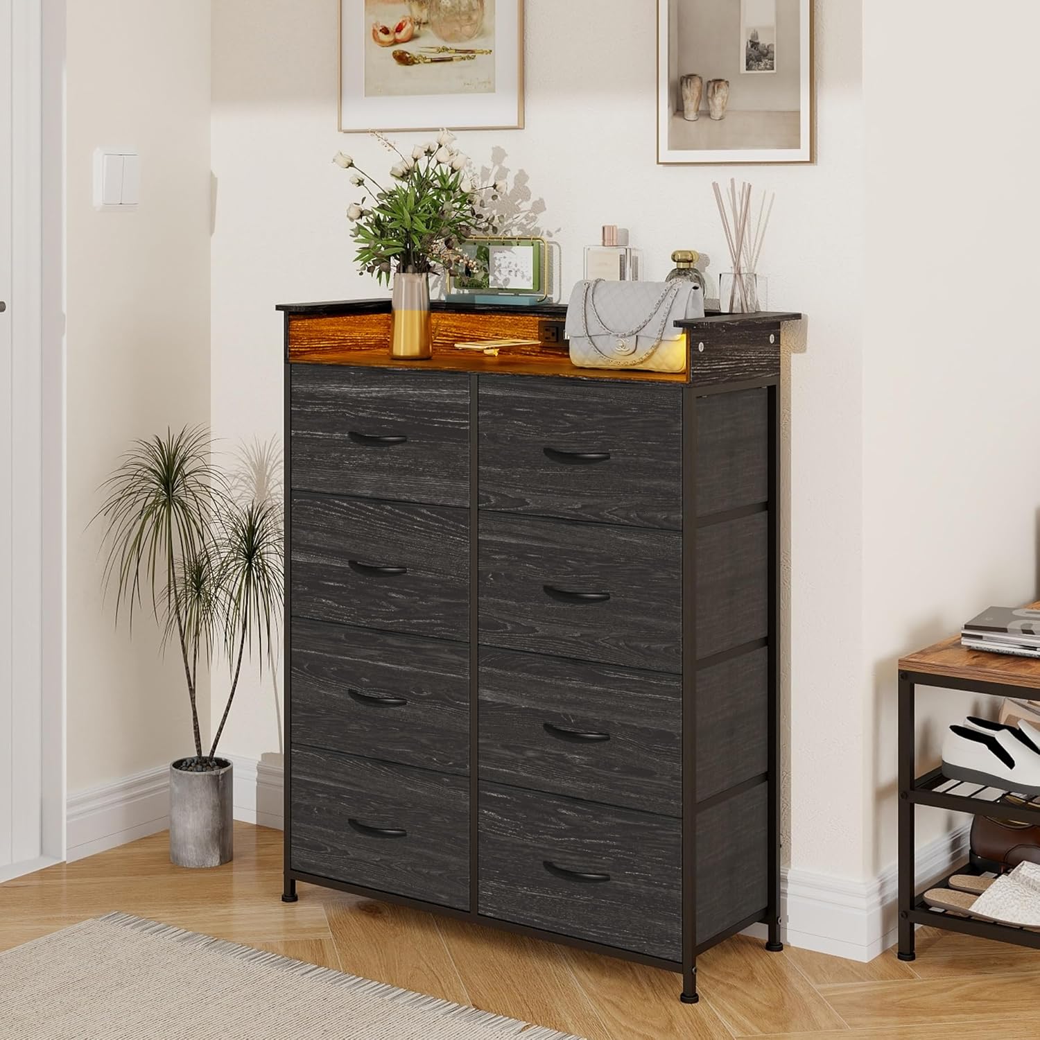 Fabric Dresser for Bedroom with LED Light and Charing Station Tall Dressers with 8 Drawers Black Dresser & Chest of Drawer for Closet Living Room Hallway Sturdy Steel Frame Wood Top