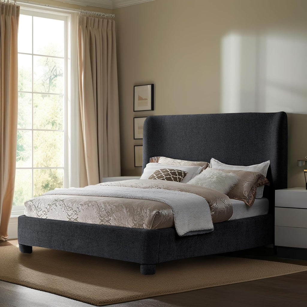 Meridian Furniture B1207Black-Q Penny Collection Modern | Contemporary Queen Bed with Rich Black Chenille Fabric, Curved Headboard, 73' W x 88' D x 52' H, Black, Queen