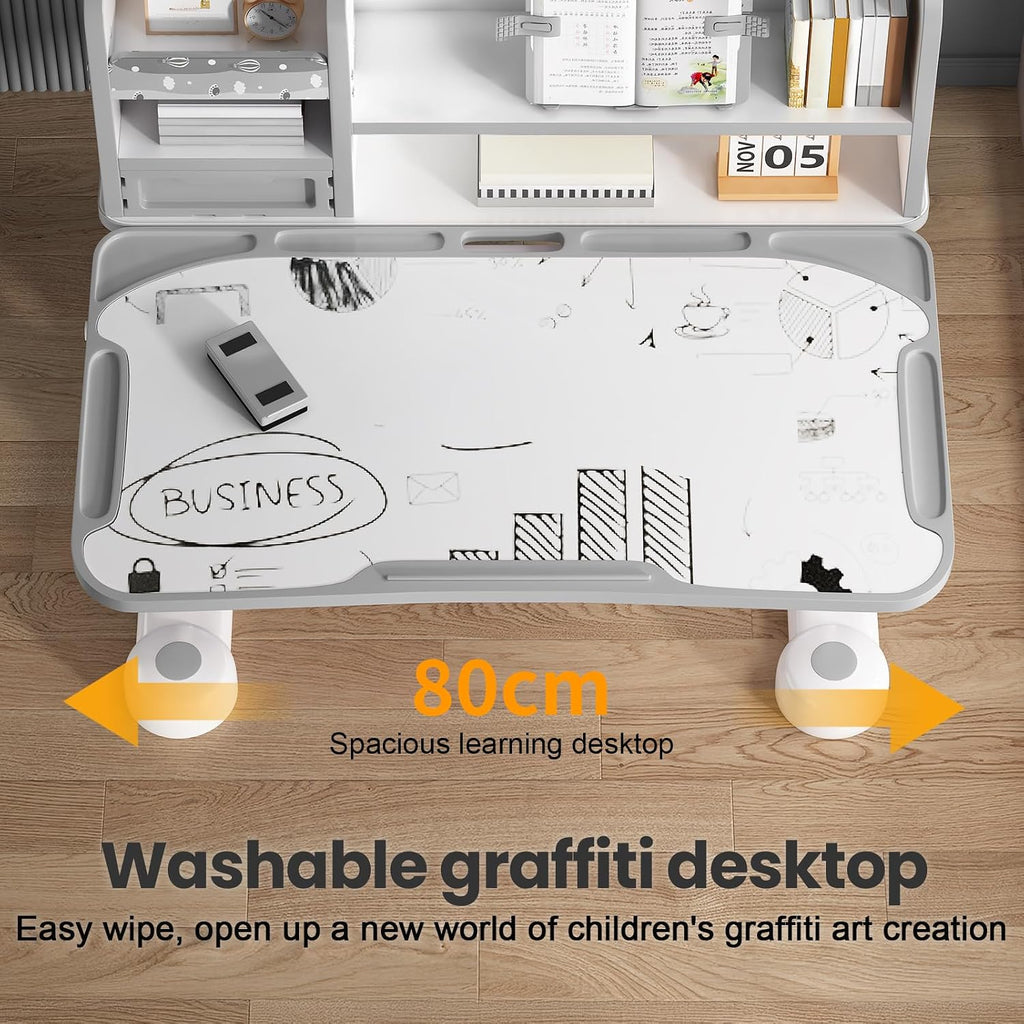 Kids Desk and Chair Set - Height Adjustable Ergonomic Study Desk with Easy-Turn Crank, 50° Tiltable Desktop, Storage Drawer & Built-in Bookstand for Children Boys & Girls Ages 3-12 (Grey)