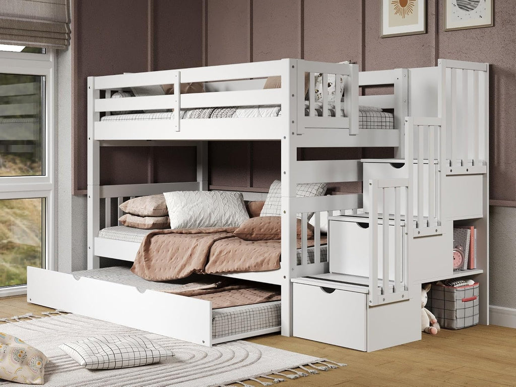 Bedz King Stairway Bunk Beds Twin Over Twin, 3 Step Drawers and a Twin Trundle, White