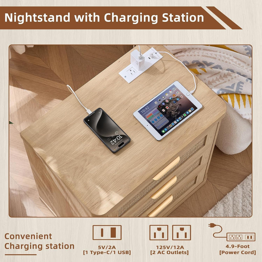 LEYAOYAO Rattan Night Stand with Charger Station, 23' Large 3 Drawer Boho Nightstand, Natural Wood Bedside Table Storage Cabinet, Bed Side End Tables for Bedroom, Living Room, Hallway
