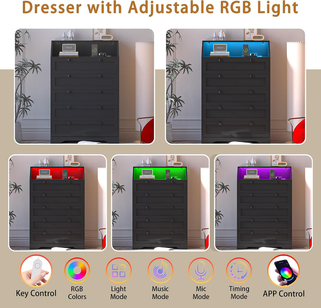 Wodeer Black Dresser Tall 5 Drawer Dresser for Bedroom, Wood Chest of Drawers with LED Lights, Charging Station, Metal Handles, Modern Storage Cabinet and Organizer Drawers for Living Room, Hallway