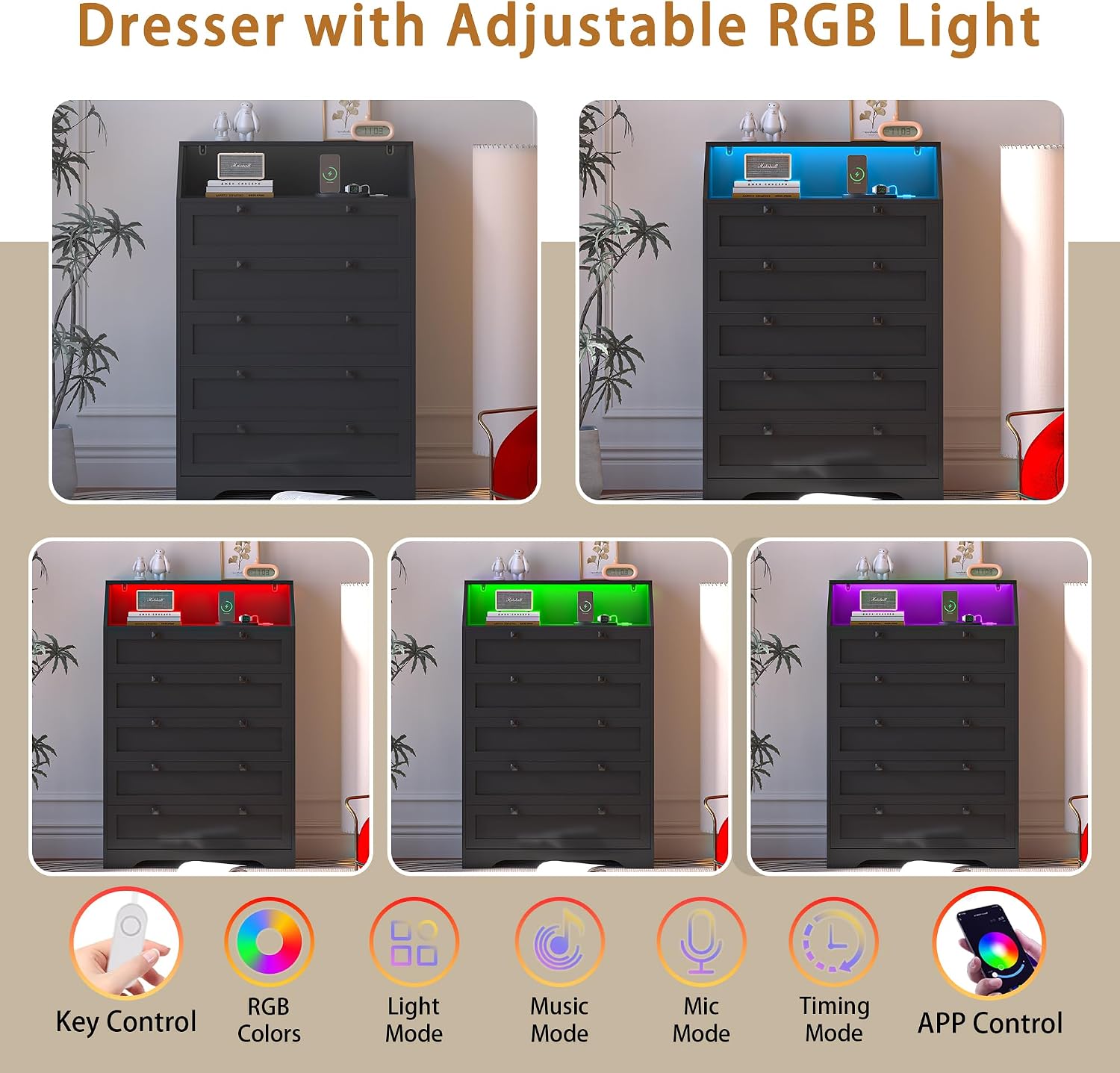 Wodeer Black Dresser Tall 5 Drawer Dresser for Bedroom, Wood Chest of Drawers with LED Lights, Charging Station, Metal Handles, Modern Storage Cabinet and Organizer Drawers for Living Room, Hallway