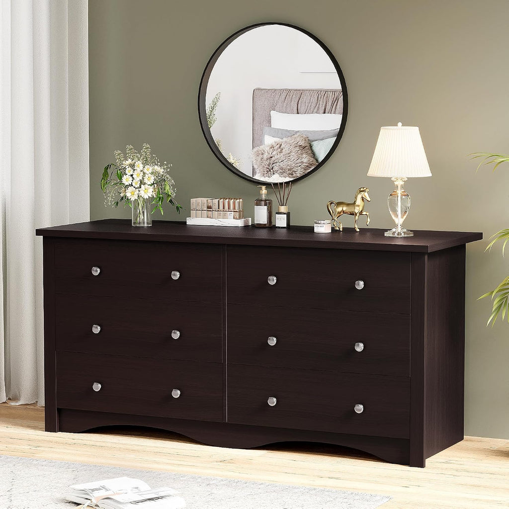 YESHOMY 6 Drawer Dresser for Bedroom, Wood Dresser, Chest of Drawers Storage Organizer, TV Stand for 55 inch TV, for Living Room, Hallway, Closet (Dark Brown)