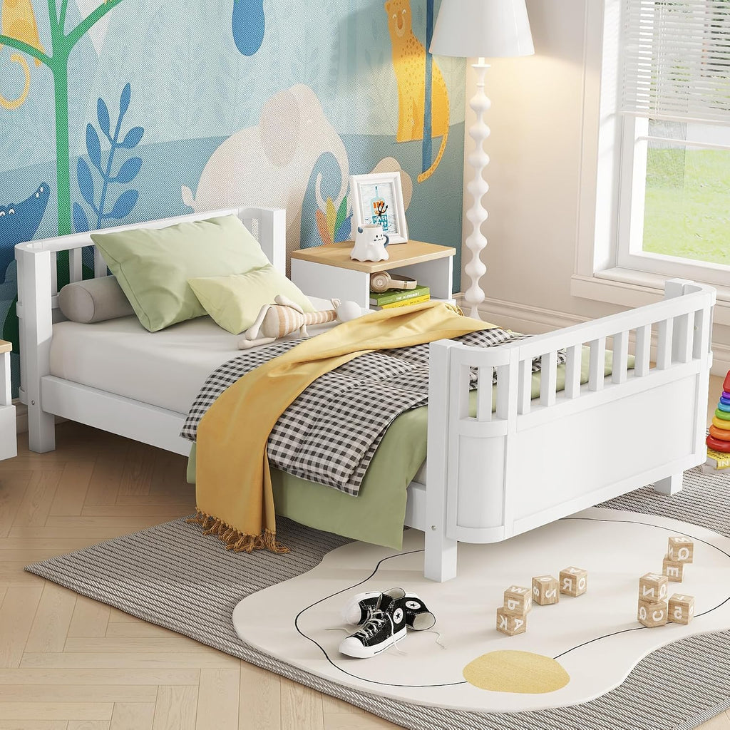 Twin Size Kids Bed with Rails, Wood Twin Montessori Bed Frame with Slats Support, Low to Ground Modern Baby Daybed with Detachable Side Bed Rails for Boys Girls Bedroom, White
