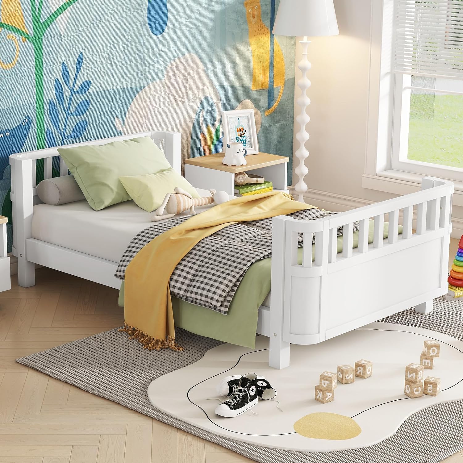 Twin Size Kids Bed with Rails, Wood Twin Montessori Bed Frame with Slats Support, Low to Ground Modern Baby Daybed with Detachable Side Bed Rails for Boys Girls Bedroom, White