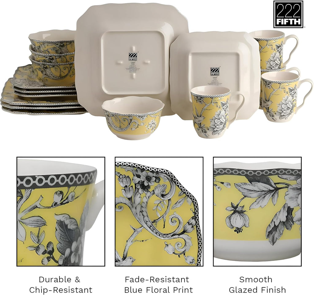 222 Fifth Adelaide Yellow 16-Piece Floral Porcelain Dinnerware Set | Microwave and Dishwasher Safe Dining Set for 4 | Stackable & Chip-Resistant Plates Bowls and Cups | Gift for Housewarming & Wedding