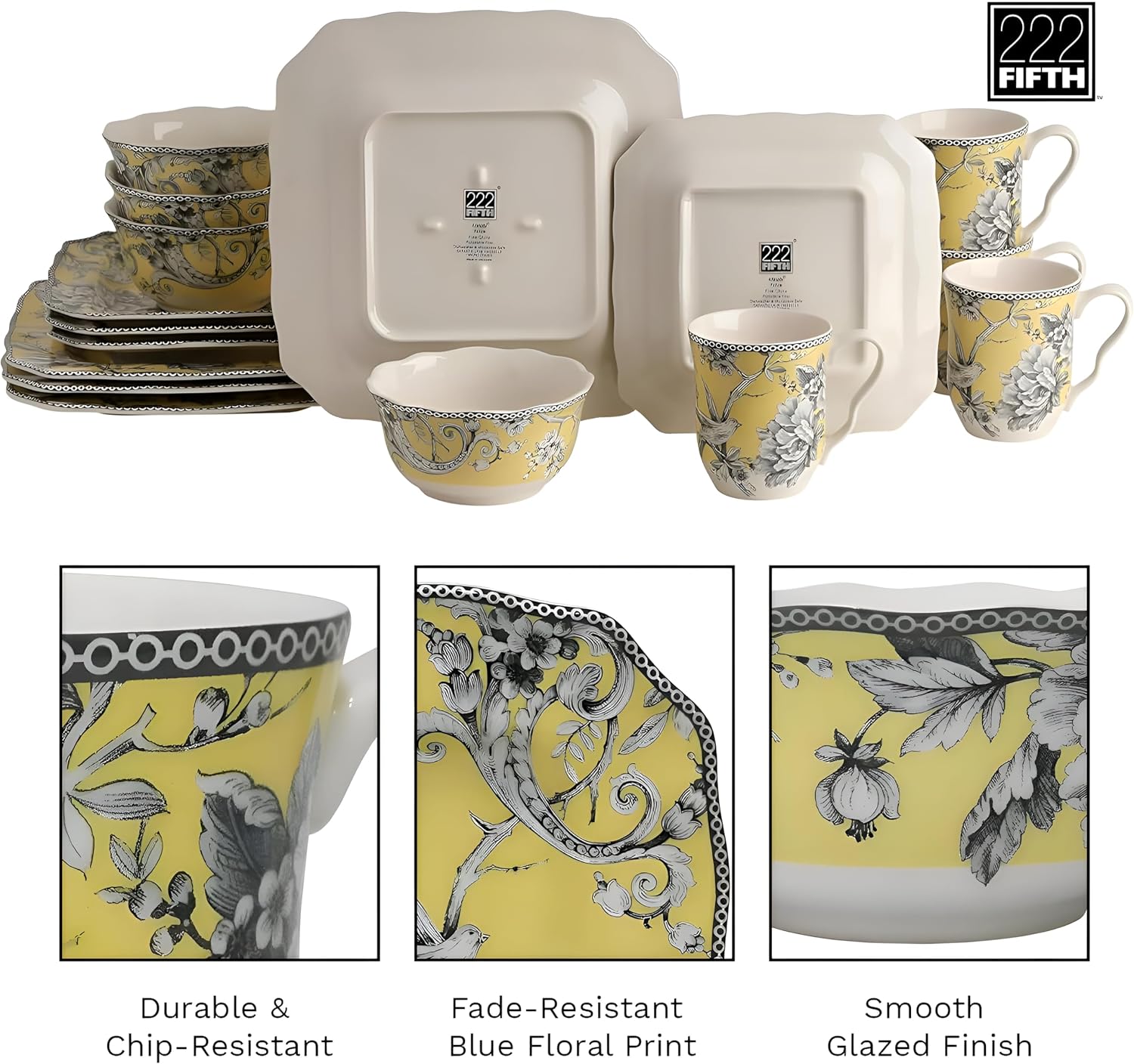 222 Fifth Adelaide Yellow 16-Piece Floral Porcelain Dinnerware Set | Microwave and Dishwasher Safe Dining Set for 4 | Stackable & Chip-Resistant Plates Bowls and Cups | Gift for Housewarming & Wedding