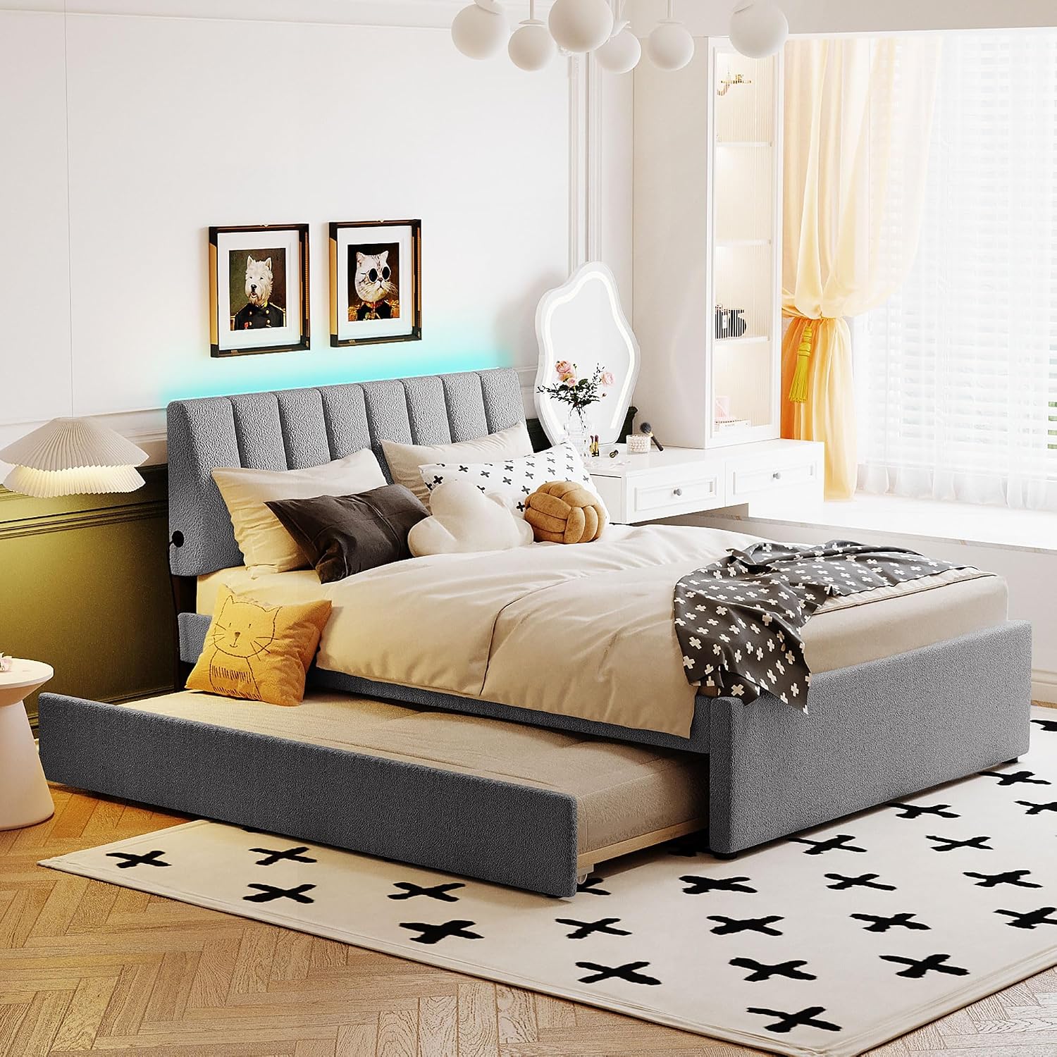 Teddy Fleece Full Size Upholstered Platform Bed Frame for Boys Girls Kids Adults Toddler with Trundle, Gray