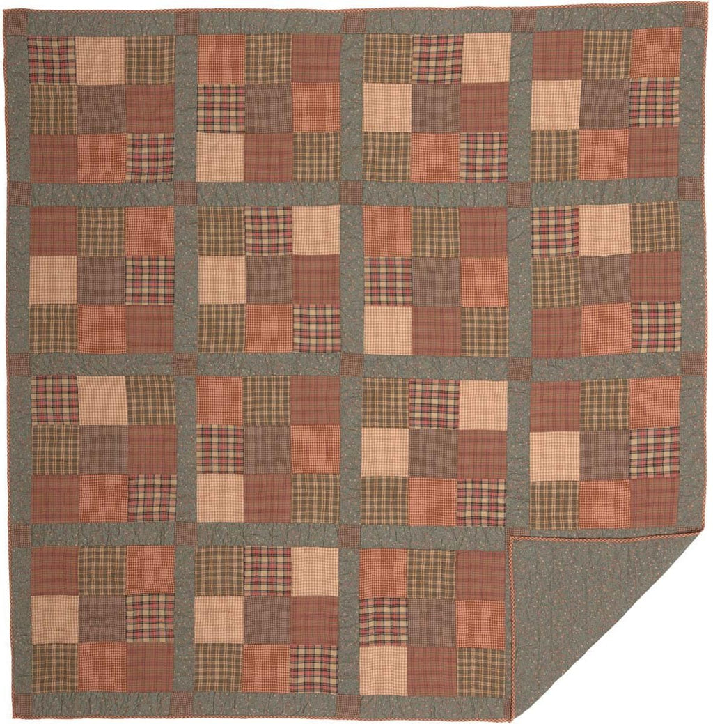 VHC Brands Crosswoods Patchwork Cotton Primitive Bedding Pre-Washed Square Queen Quilt, Dark Olive Green