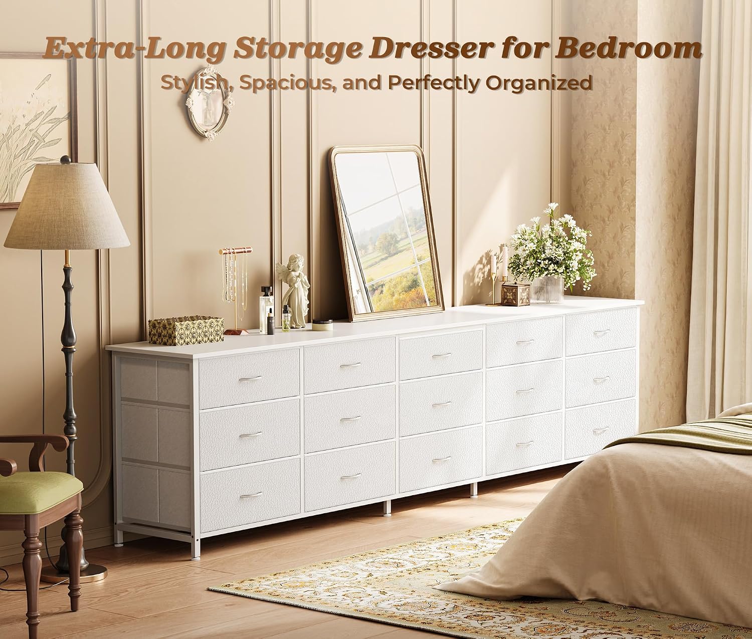 Huuger 78.7 inch Long Dresser for Bedroom, 15 Drawer Fabric Dresser for Closet, Large TV Stand for 65, 75, 85 inch TV, Wide Chest of Drawer with Storage, 78.7' W x 12.9' D x 26.7' H, White