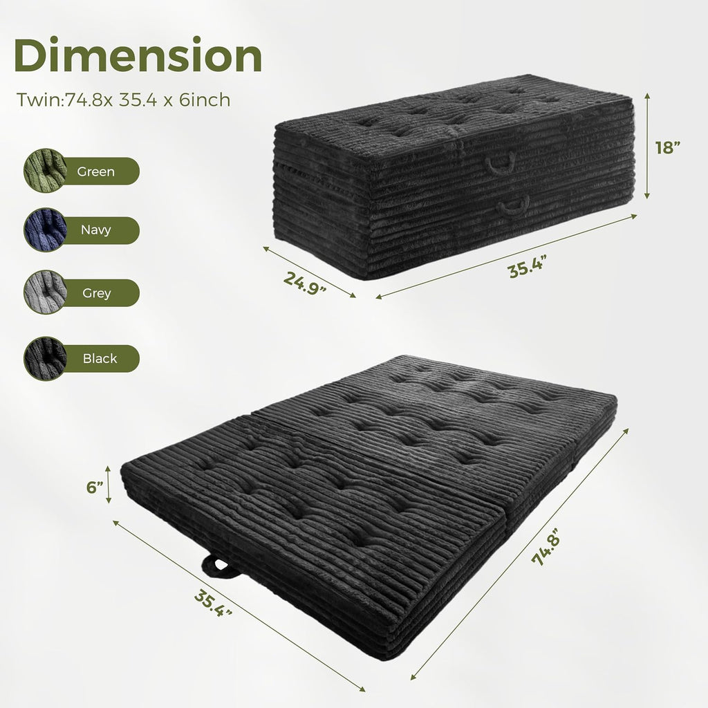 MAXYOYO Folding Sofa Couch Bed, 6 Inch Tri-Fold Floor Sofa Bed, Folding Mattress with Handles, Soft Faux Fur Folding Bed with Supportive Foam Filling, Portable Couch for Living Room, Twin, Black