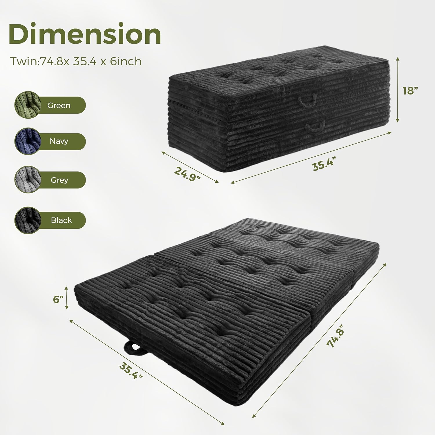 MAXYOYO Folding Sofa Couch Bed, 6 Inch Tri-Fold Floor Sofa Bed, Folding Mattress with Handles, Soft Faux Fur Folding Bed with Supportive Foam Filling, Portable Couch for Living Room, Twin, Black