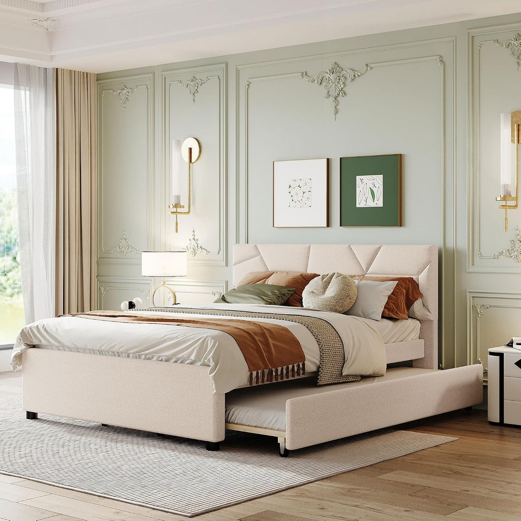 Queen Size Upholstered Platform Bed Frame with Twin XL Size Trundle,Brick Pattern Headboard and Solid Wood Bedframe,Linen Fabric for Kids,Teen,Adult
