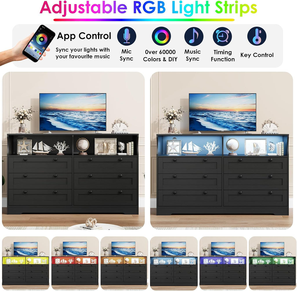 Garvee 6 Drawer Dresser for Bedroom, with RGB LED Lights & Power Outlet, 55' Wide Chests of Drawers Dresser TV Stand for 55 Inch TV, for Closet, Living Room, Entryway