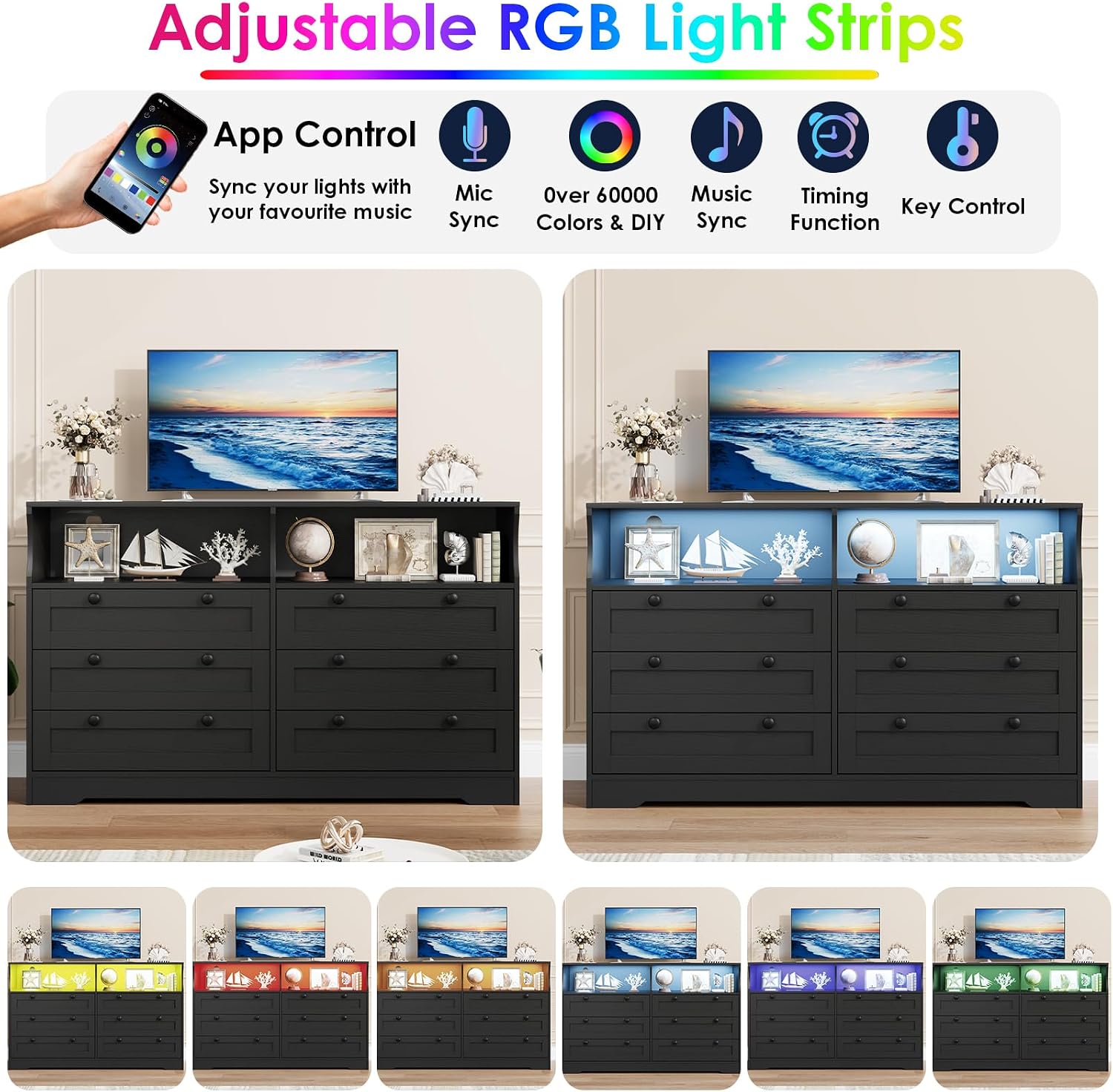 Garvee 6 Drawer Dresser for Bedroom, with RGB LED Lights & Power Outlet, 55' Wide Chests of Drawers Dresser TV Stand for 55 Inch TV, for Closet, Living Room, Entryway