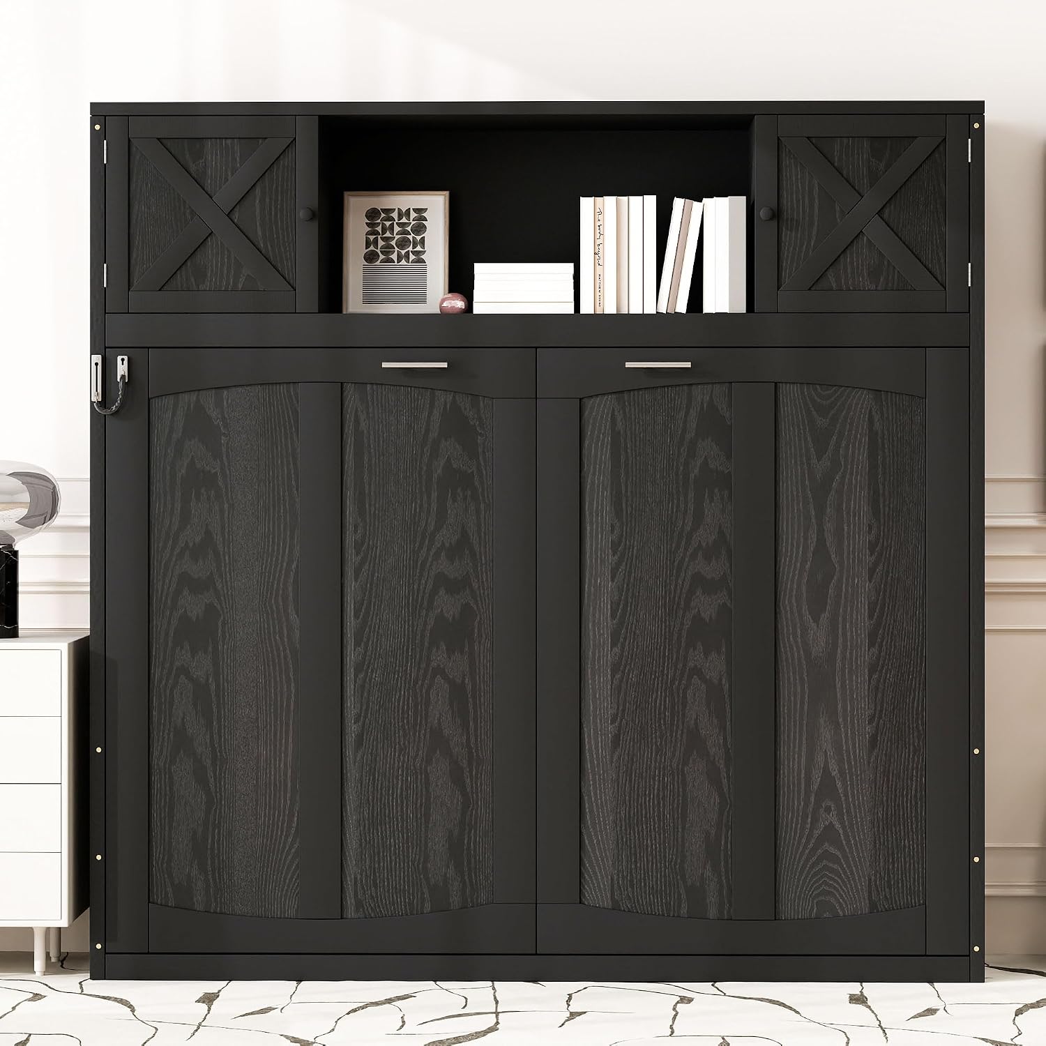 Harper & Bright Designs Queen Size Murphy Bed, Wood Hidden Foldable Wall Bed Frame with Storage Cabinet for Bedroom, Office, Space-Saving, Black