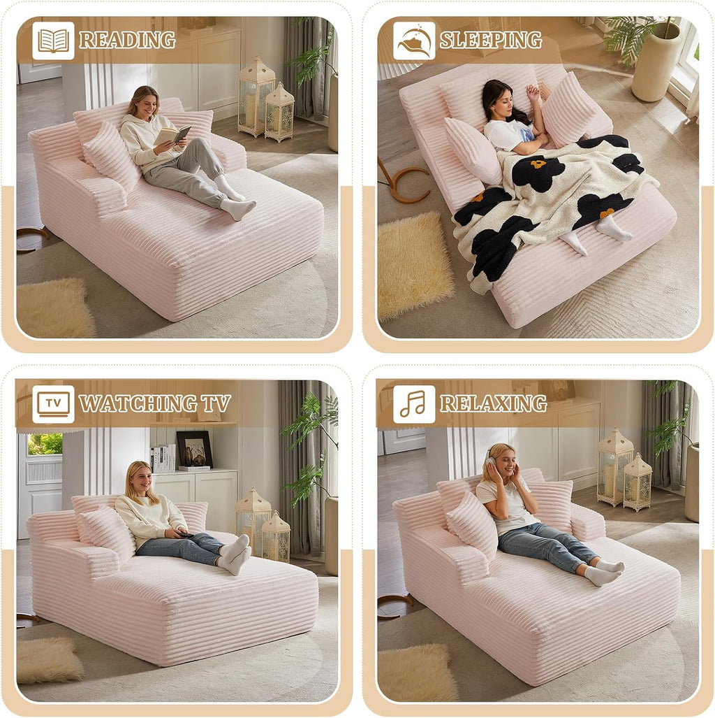 Oversized Chaise Lounge Chair Indoor, 66' Cloud Boneless Sleeper Couch Corduroy Upholstered Sofa Bed Deep Seat Comfy Reading Chair with 3 Pillows for Living Room Bedroom, Pink