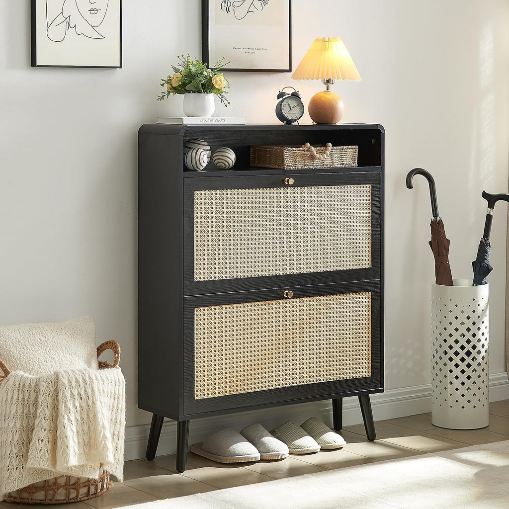 Shoe Storage Cabinet with 2 Flip Drawer Natural Rattan Shoe Cabinet Organizer Freestanding Wooden Shoe Rack Storage Cabinet with Metal Legs for Entryway Hallway Bedroom Mudroom(Black)