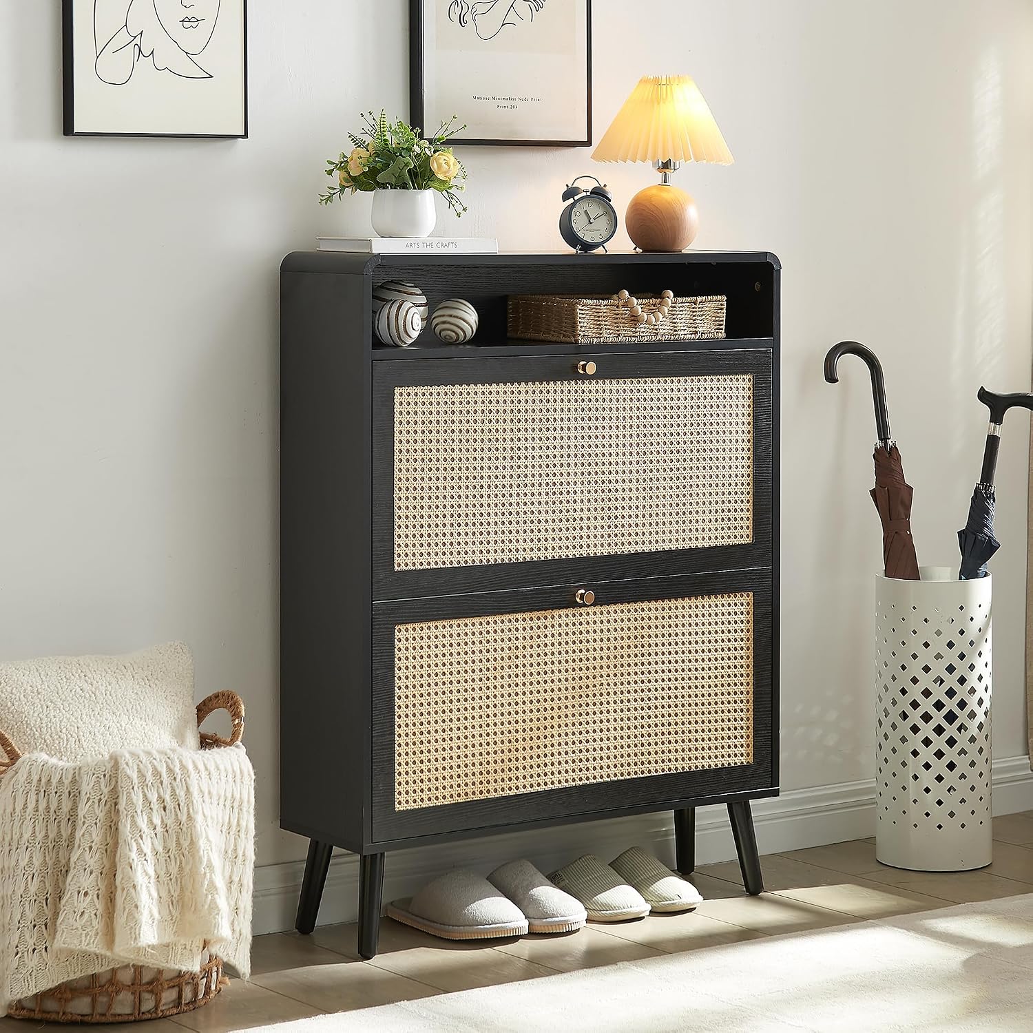 Shoe Storage Cabinet with 2 Flip Drawer Natural Rattan Shoe Cabinet Organizer Freestanding Wooden Shoe Rack Storage Cabinet with Metal Legs for Entryway Hallway Bedroom Mudroom(Black)
