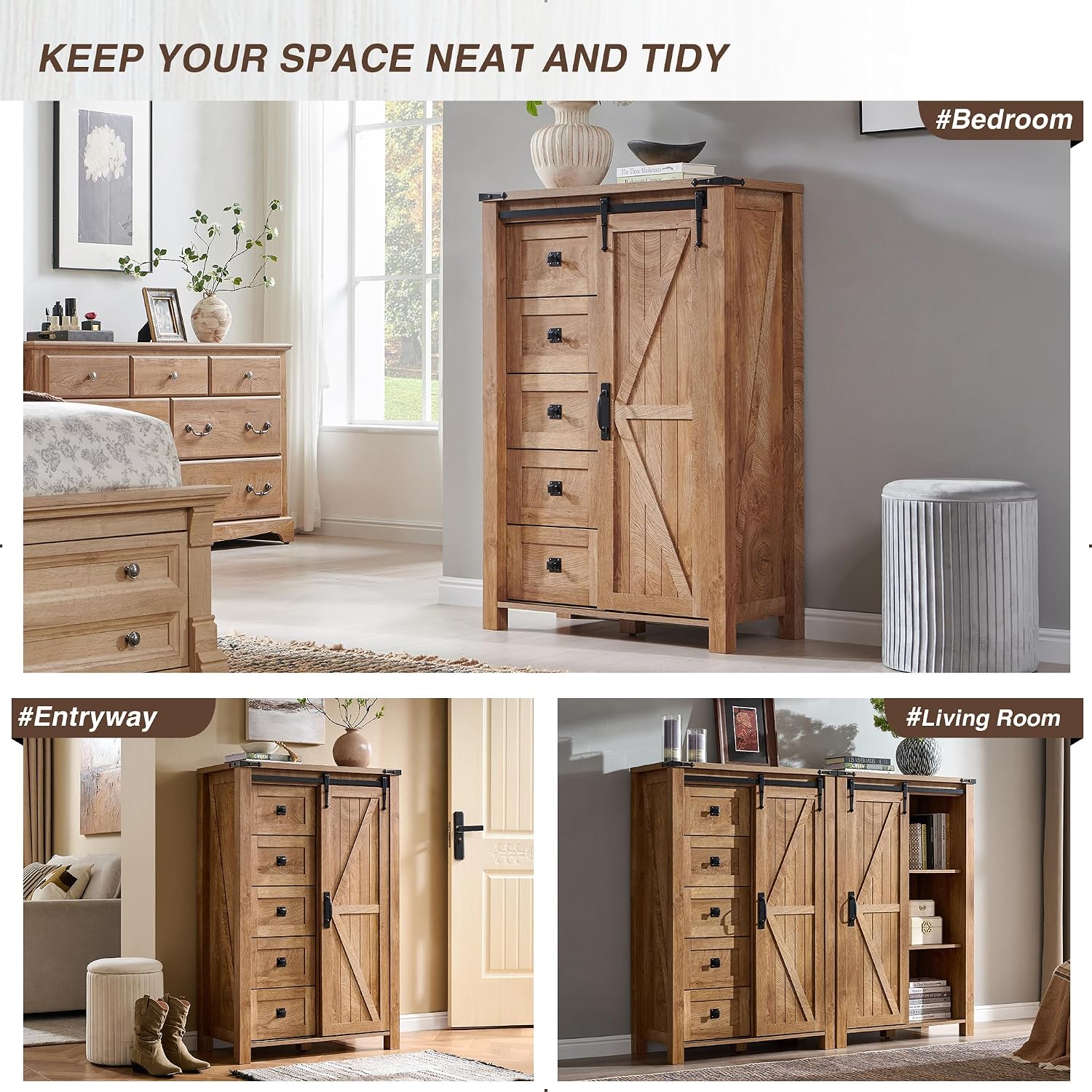 T4TREAM 5 Drawers Dresser for Bedroom w/Sliding Barn Door, Farmhouse Modern Tall Dresser 5 Chest of Drawers, Storage Organizer for Bedroom, Hallway, Living Room, Kids Room, Light Tree Knot
