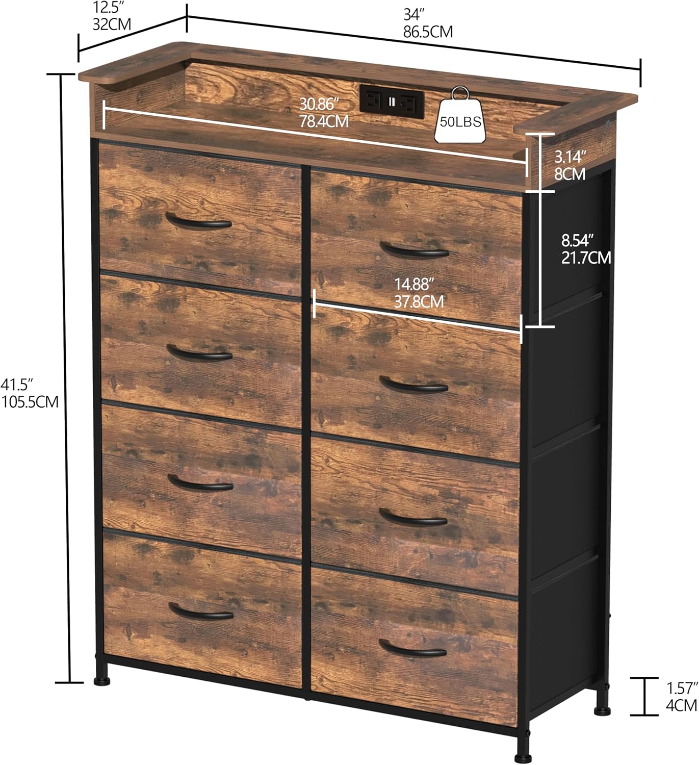 Tall Dresser for Bedroom with Charge Station 8 Drawers Dresser with LED Lights Chest Organizer Units for Hallway Entryway Closets Sturdy Steel Frame Wood Top Easy Pull Handle Rustic Brown