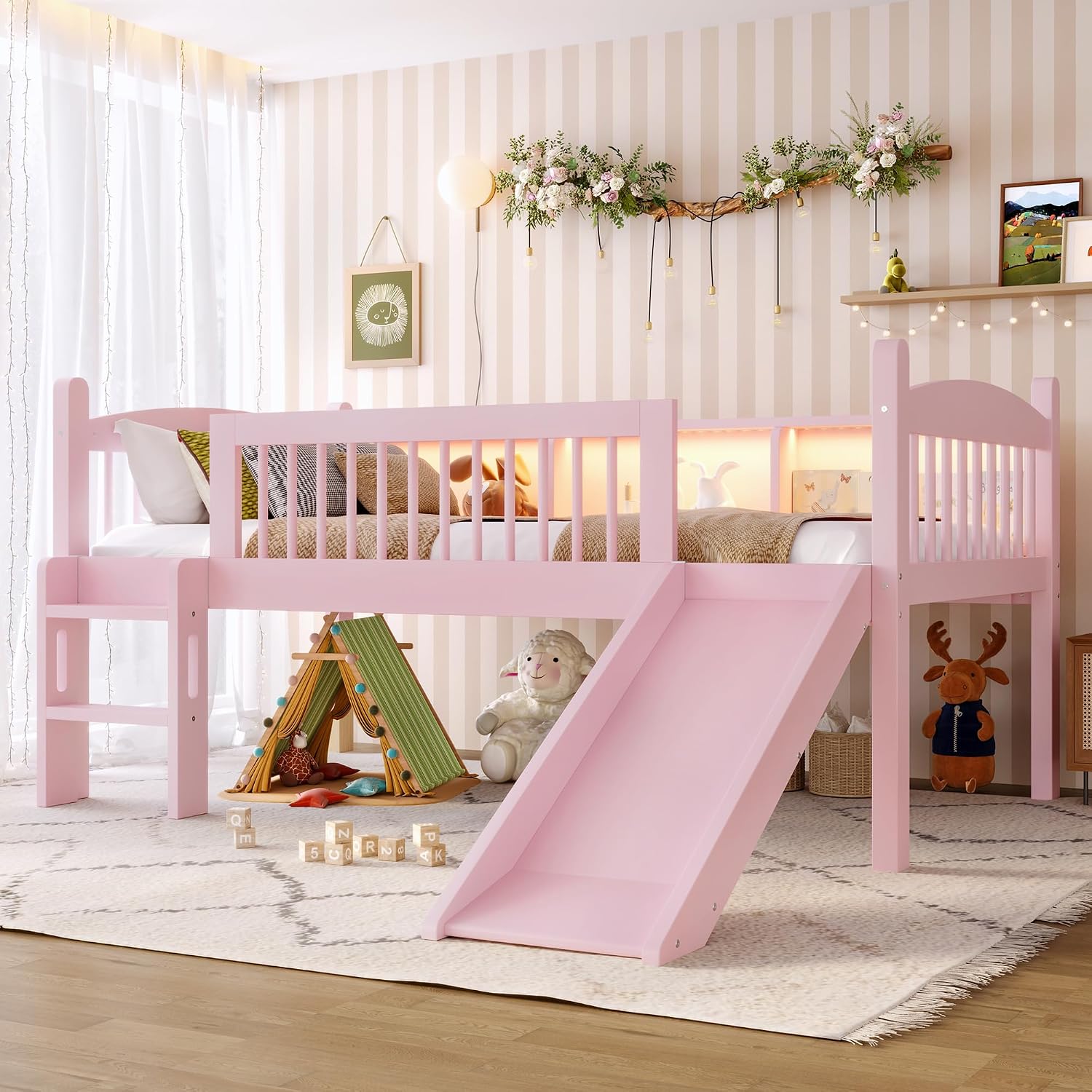JIVOIT Twin Loft Bed with Storage Shelves, Solid Wood Lower Loft Bed with Full-Length Guardrails, Wood Slats Support, Space-Saving Design, No Box Spring Needed (Pink,Twin,51)