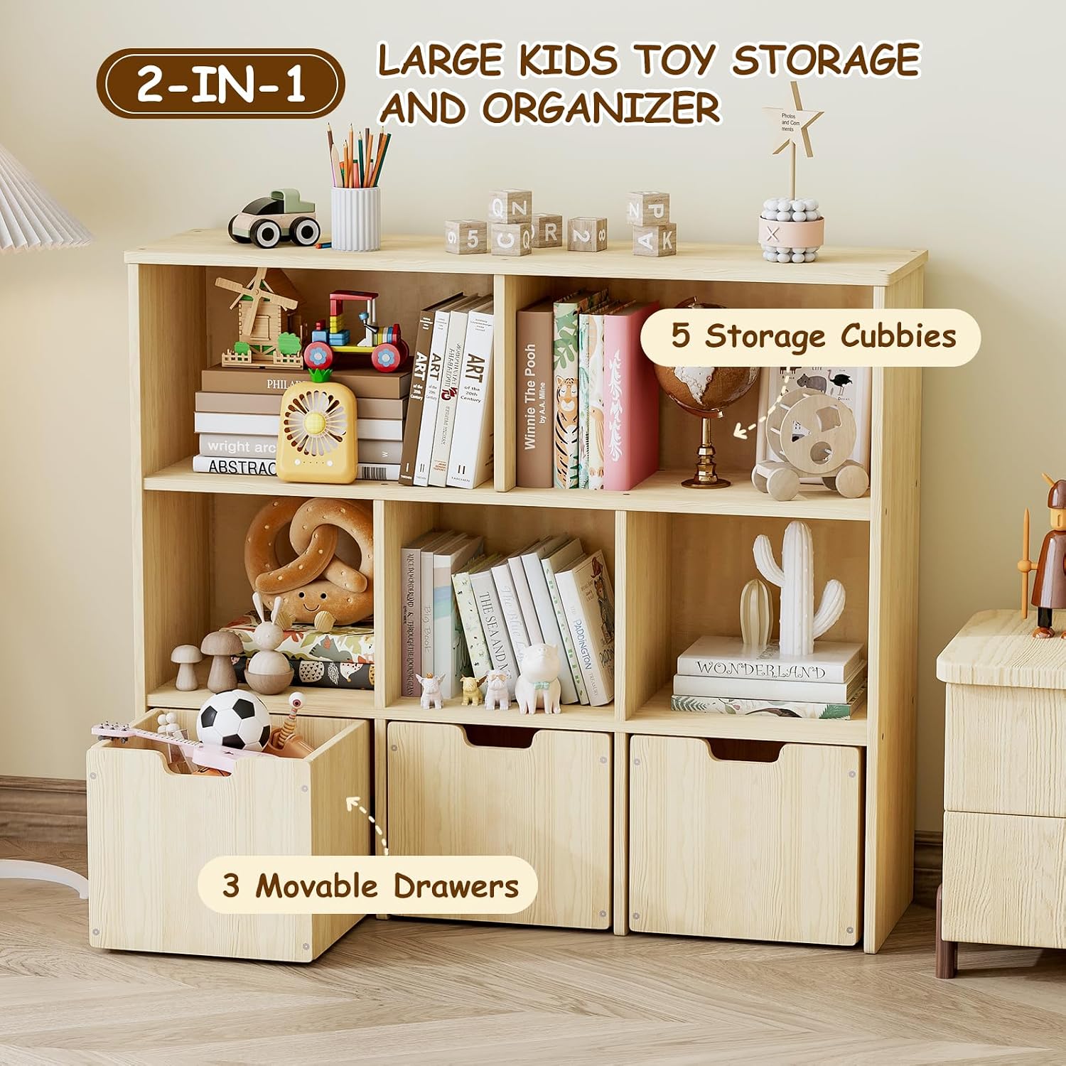 EXPERLAM Solid Pine Wood Toy Storage Organizer, Kids Bookshelf and Toy Organizer with 3 Rolling Drawers, 5 Storage Cubes, Montessori Playroom Storage Cabinet, Burlywood