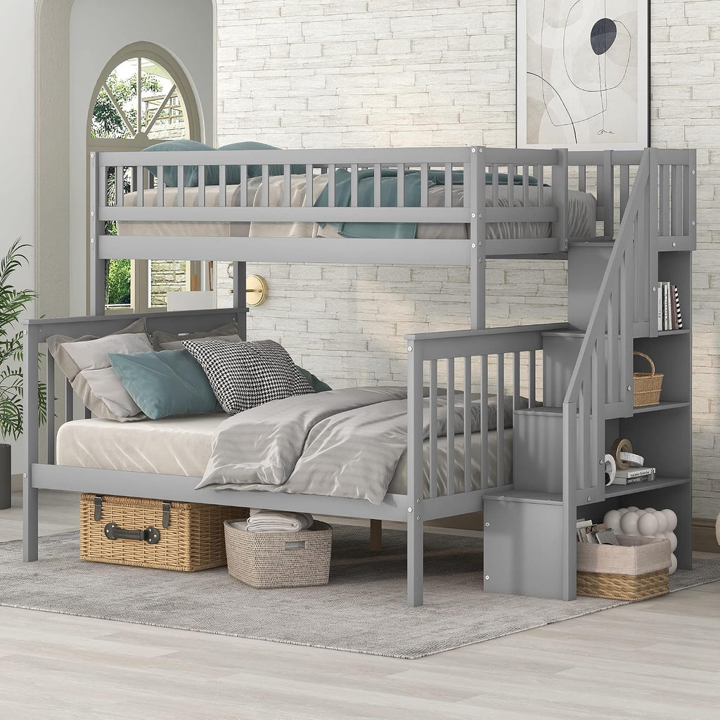 Harper & Bright Designs Wooden Bunk Bed with Stairs Twin Over Full Bunk Bed with Storage and Guard Rail for Kids Teens Adults (Gray)
