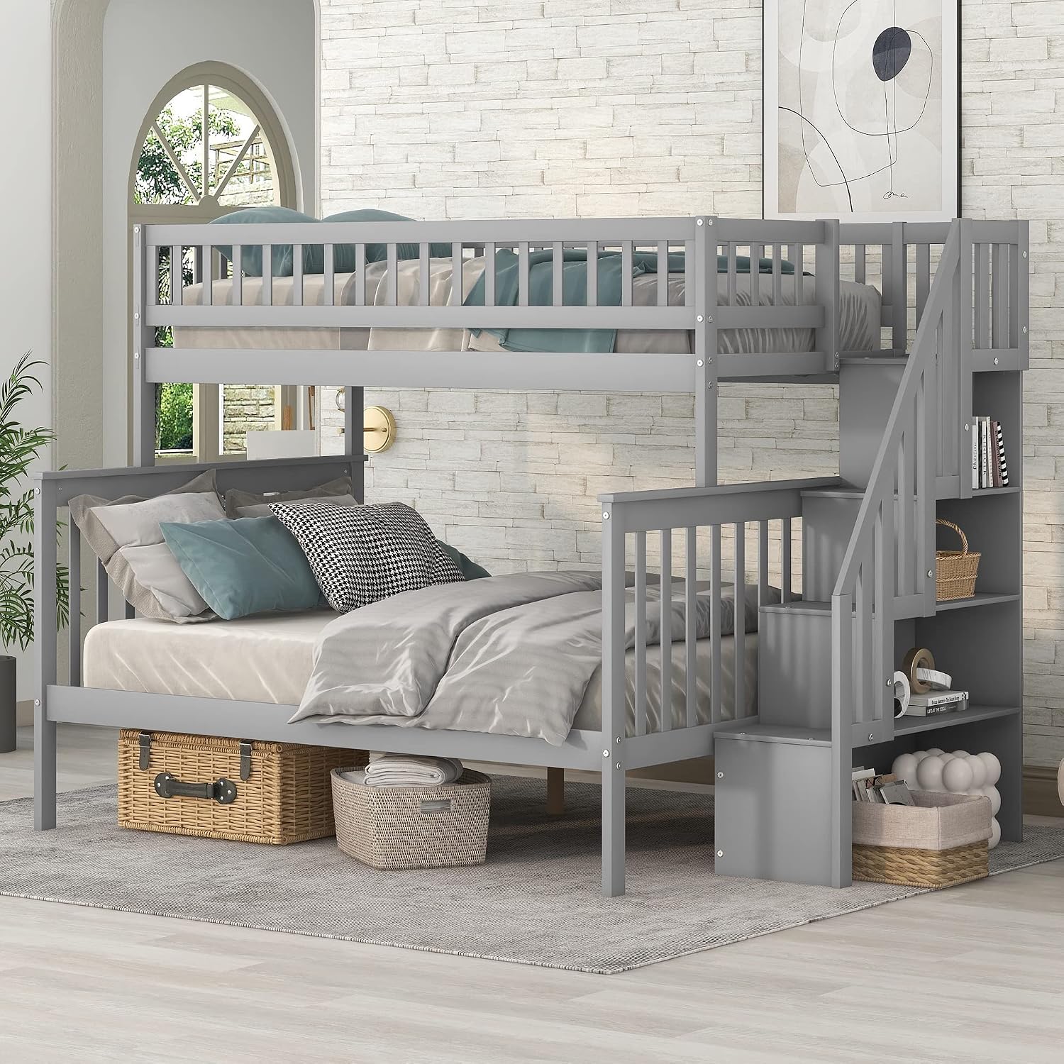 Harper & Bright Designs Wooden Bunk Bed with Stairs Twin Over Full Bunk Bed with Storage and Guard Rail for Kids Teens Adults (Gray)