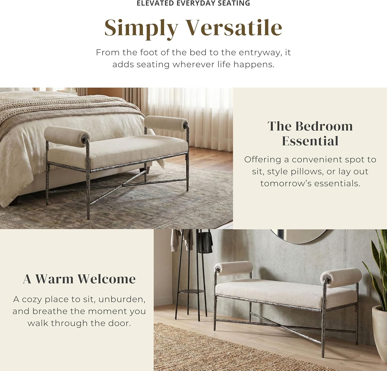 24/7 Shop at Home Lalia Hammered Metal 4-Piece Bedroom Collection, Upholstered Bed Frame with Camelback Headboard, Forged Steel, Bench and Curved Nightstands, Foundation Required, Queen, Matte Grey