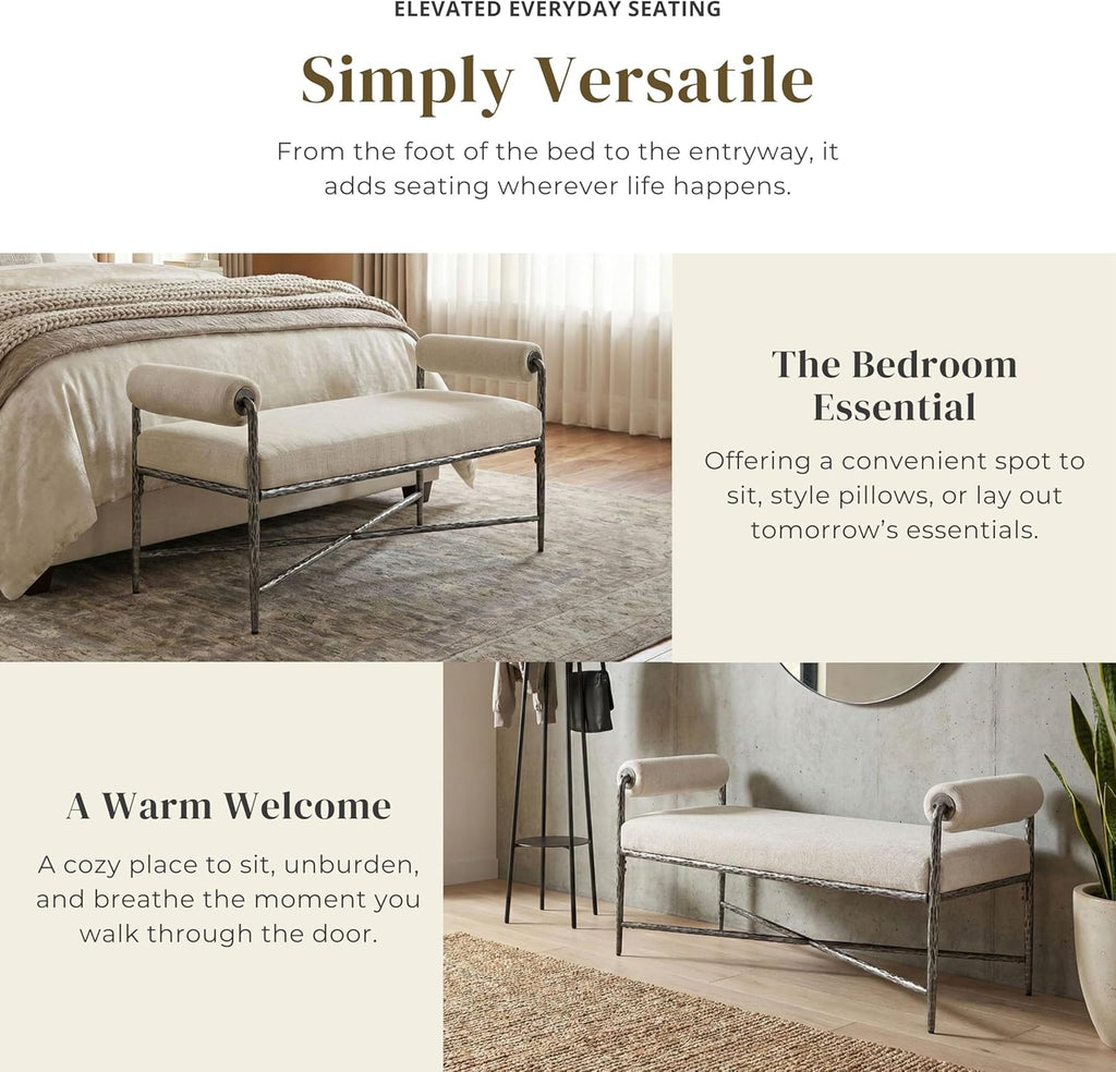 24/7 Shop at Home Lalia Hammered Metal 4-Piece Bedroom Collection, Upholstered Bed Frame with Camelback Headboard, Forged Steel, Bench and Curved Nightstands, Foundation Required, Full, Matte Grey
