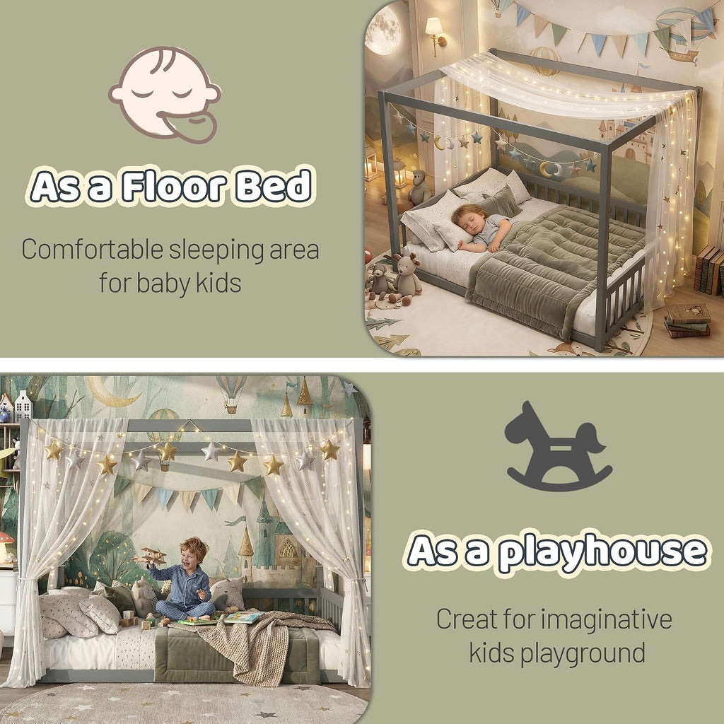Canopy Bed Frame Full with 4 Posters and Guardrails, Rubber Wood Full Size Montessori Floor Bed with Canopy Frame, Safe and Stylish Canopy Bed Full for Kids Girls Boys,Gery