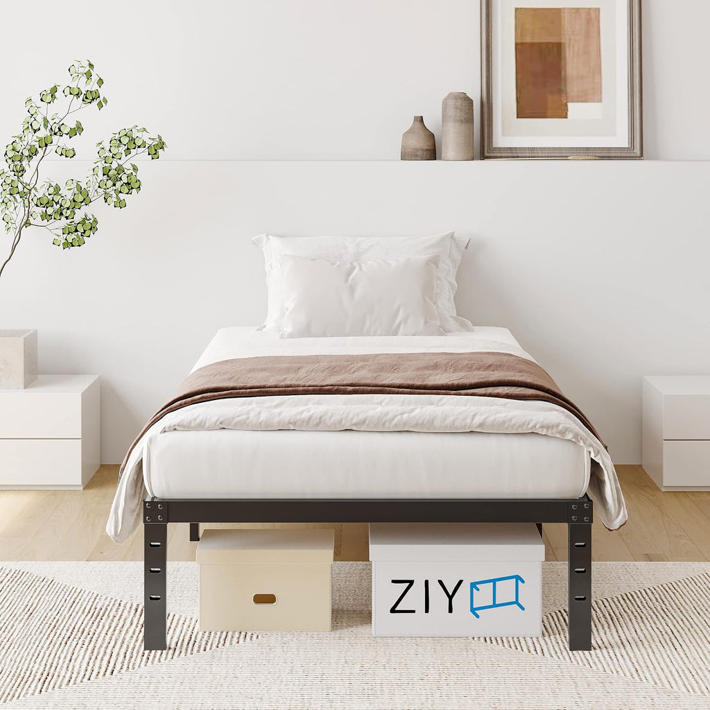 ZIYOO Twin Bed Frames, 3' Wide Wood Slats with 2500 lbs Support for Mattress, 16 Inch High, No Box Spring Needed, Noise Free, Non-Slip, Easy Assembly