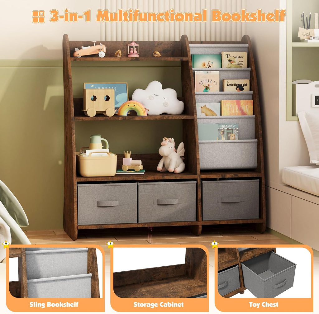 NACHES Kids Bookshelf and Toy Storage Organizer, Montessori Nursery Book Shelves with Sling Rack & Fabric Toy Bins, Toddler Baby Bookcase, Wooden Toy Shelf for Kids Room, Playroom, Sail-Rustic Brown