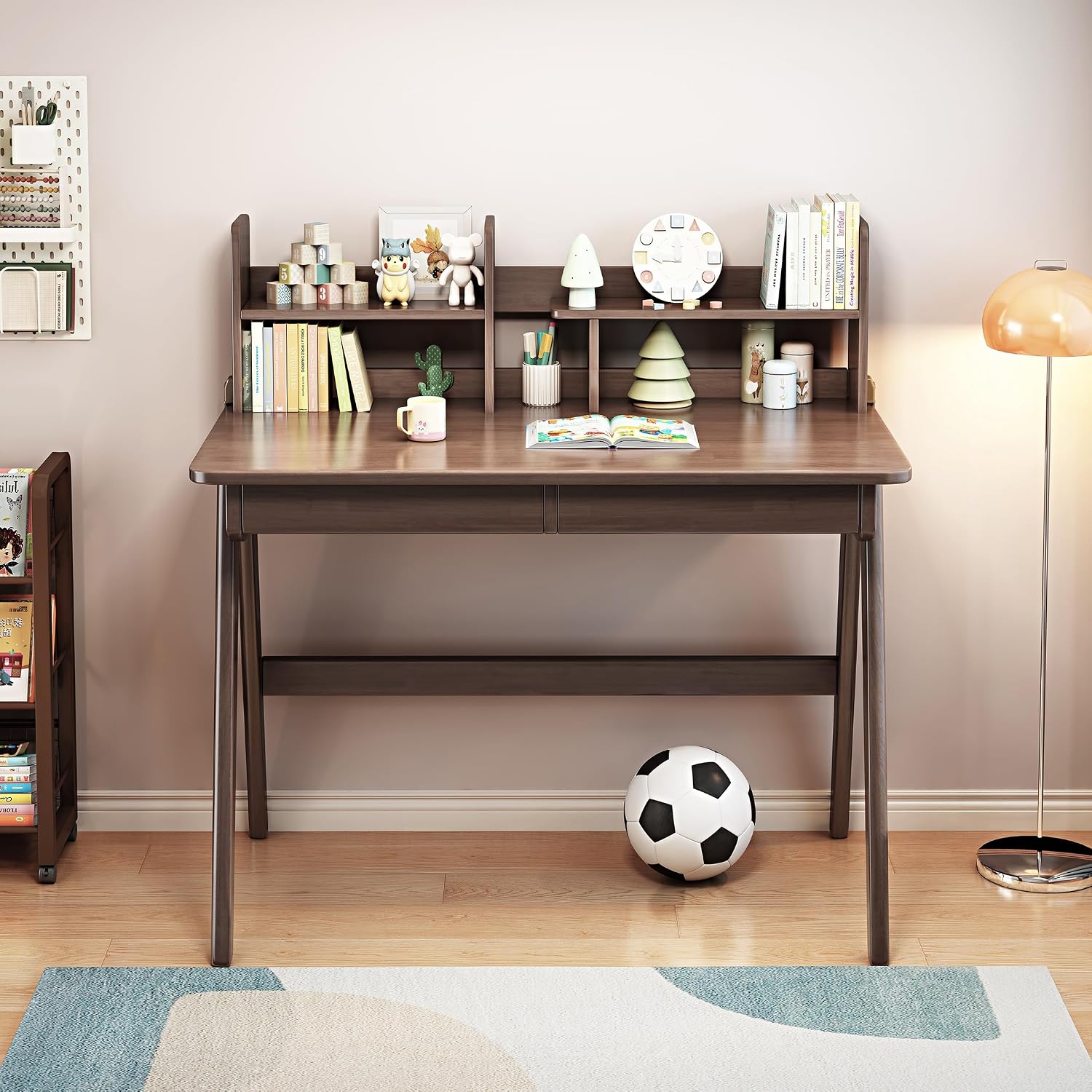 Kids Desk＆Table Rubber Wood Children's Study Desk with Bookshelf and Two Drawers Desk for 3 Years Old and Above Student's Study Computer Workstation & Writing Table for Home Use(Brown