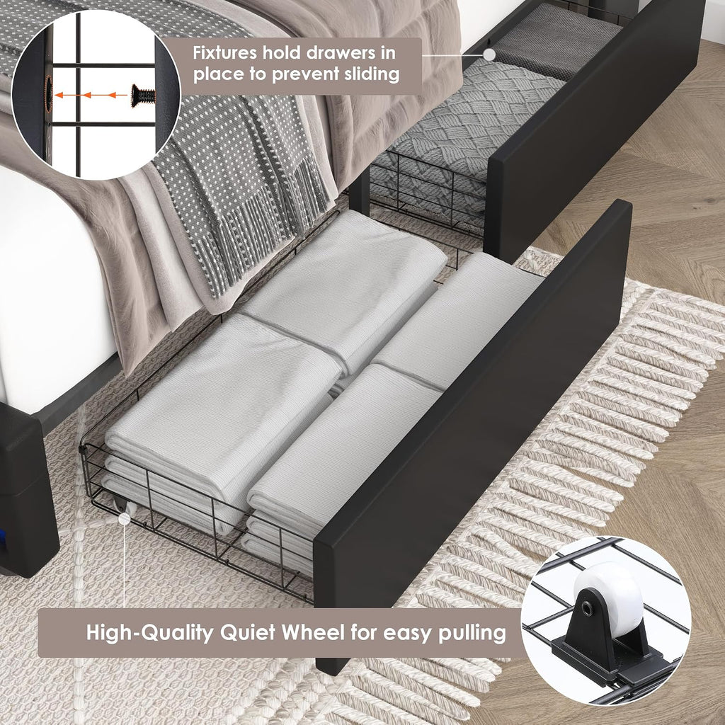 HIFIT Queen LED Bed Frame with Charging Station and 4 Storage Drawers, PU Upholstered Platform Bed with Handcrafted Crystal Button Wingback Headboard, Metal Frame with No Box Spring Needed, Black