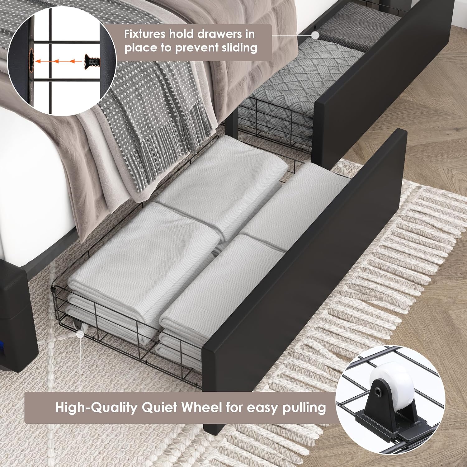HIFIT Queen LED Bed Frame with Charging Station and 4 Storage Drawers, PU Upholstered Platform Bed with Handcrafted Crystal Button Wingback Headboard, Metal Frame with No Box Spring Needed, Black